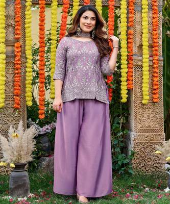 Purple color smart and girlie chinon fabric fancy festive attire for girls 1