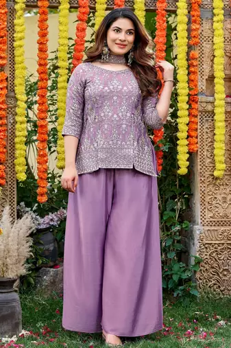 Purple color smart and girlie chinon fabric fancy festive attire for girls