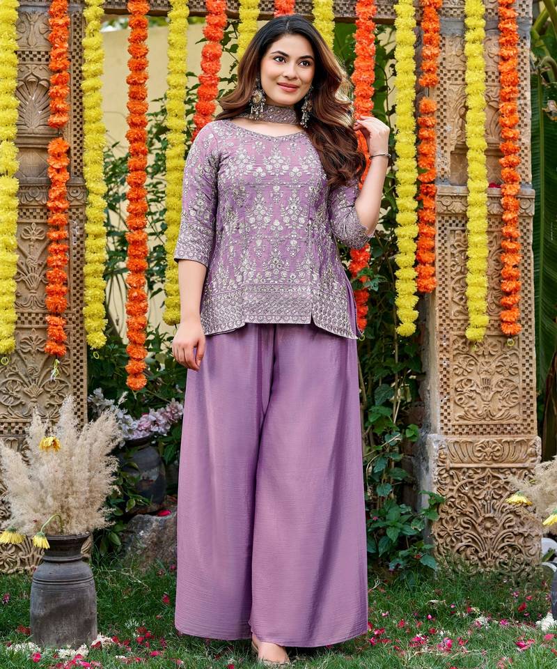 Purple color smart and girlie chinon fabric fancy festive attire for girls