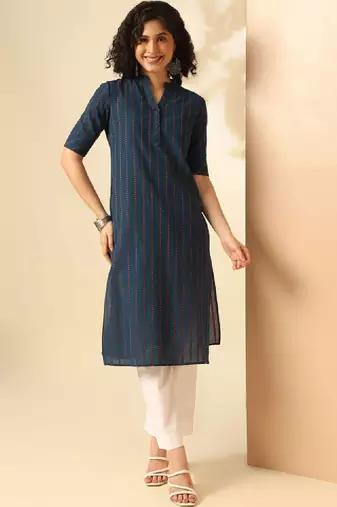 Geometric printed mandarin collar cotton straight kurta