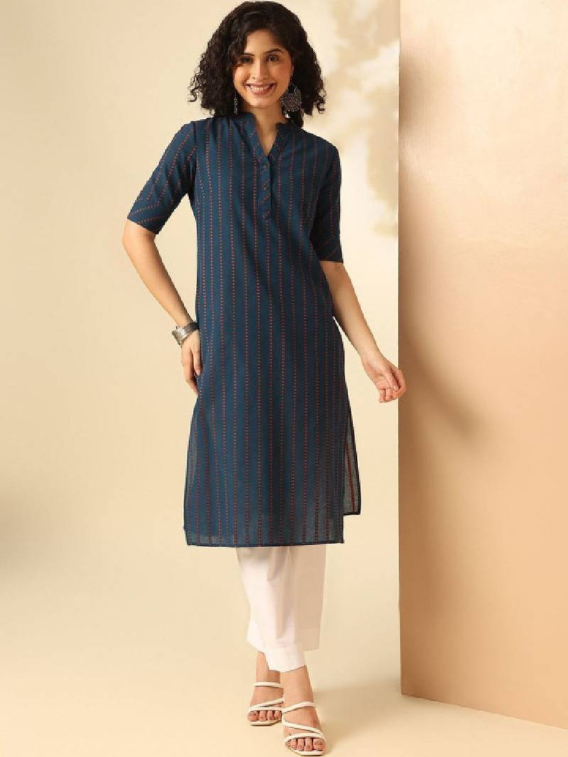 Geometric printed mandarin collar cotton straight kurta