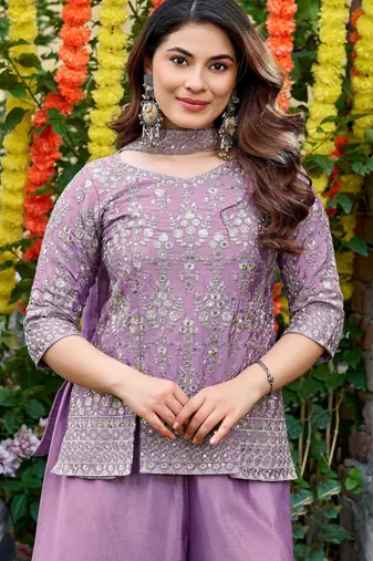 Purple color smart and girlie chinon fabric fancy festive attire for girls