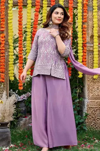 Purple color smart and girlie chinon fabric fancy festive attire for girls