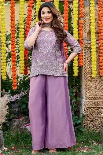 Purple color smart and girlie chinon fabric fancy festive attire for girls