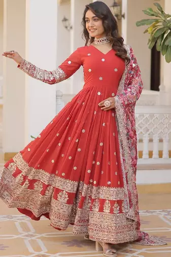 Floral embroidered sequinned georgette maxi ethnic dresses with dupatta