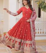 Floral embroidered sequinned georgette maxi ethnic dresses with dupatta