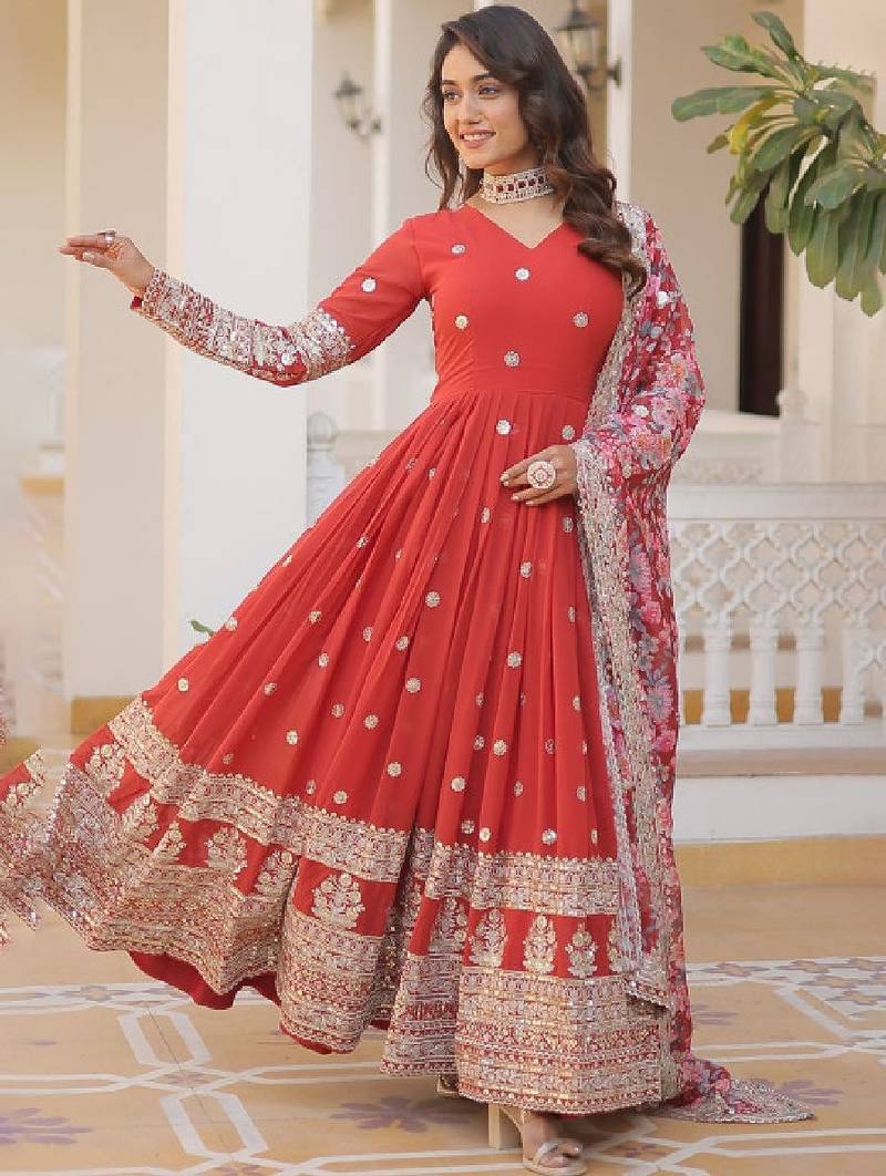 Floral embroidered sequinned georgette maxi ethnic dresses with dupatta