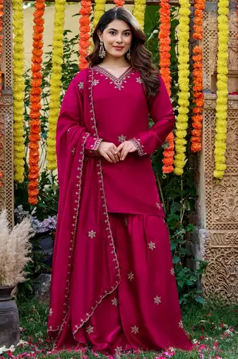 Pink color smart and girlie viscose glass fabric fancy festive attire for girls