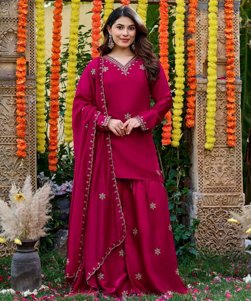 Pink color smart and girlie viscose glass fabric fancy festive attire for girls