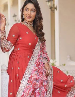 Floral embroidered sequinned georgette maxi ethnic dresses with dupatta 2