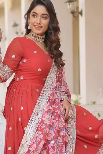 Floral embroidered sequinned georgette maxi ethnic dresses with dupatta