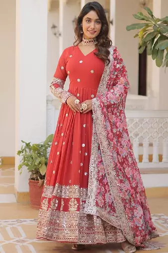 Floral embroidered sequinned georgette maxi ethnic dresses with dupatta