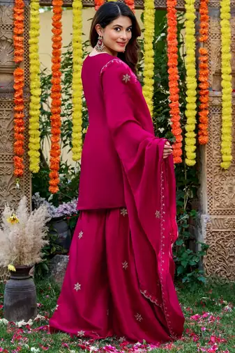 Pink color smart and girlie viscose glass fabric fancy festive attire for girls
