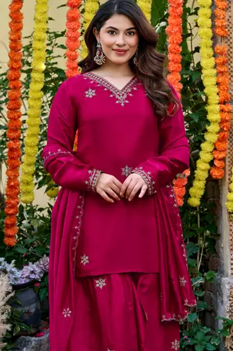 Pink color smart and girlie viscose glass fabric fancy festive attire for girls