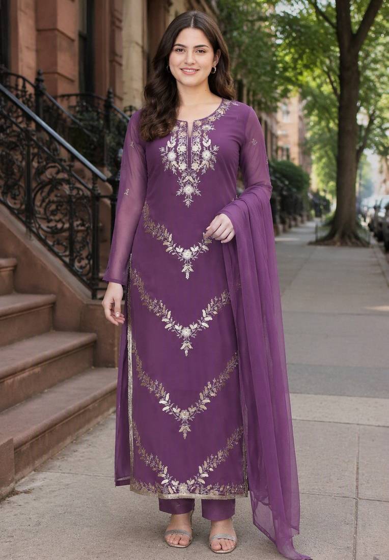 Purple color smart and girlie georgette fabric fancy festive attire for girls