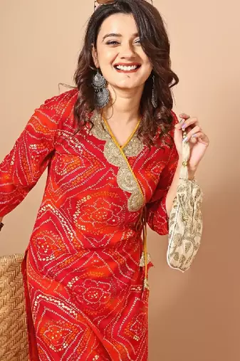 Red bandhani printed angrakha sequined straight kurta