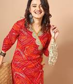Red bandhani printed angrakha sequined straight kurta