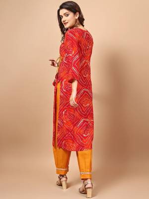 Red bandhani printed angrakha sequined straight kurta 2