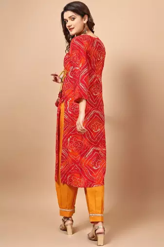 Red bandhani printed angrakha sequined straight kurta