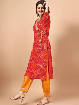 Red bandhani printed angrakha sequined straight kurta 3
