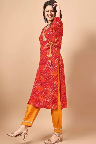 Red bandhani printed angrakha sequined straight kurta