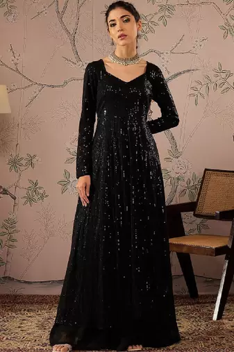 Striped round neck long sleeves regular sequinned anarkali kurta