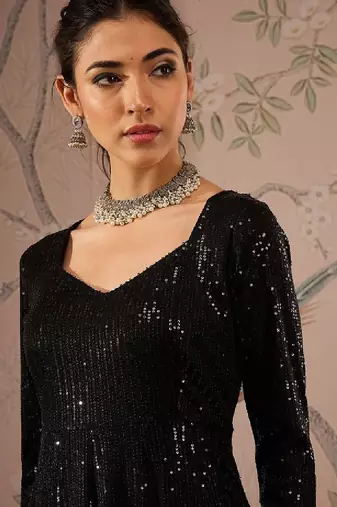 Striped round neck long sleeves regular sequinned anarkali kurta