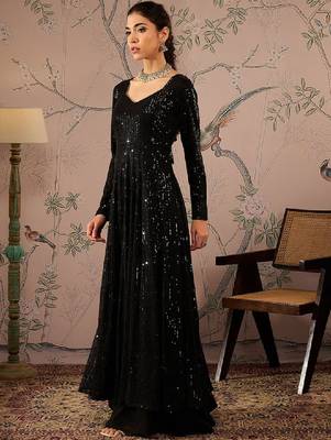 Striped round neck long sleeves regular sequinned anarkali kurta 3