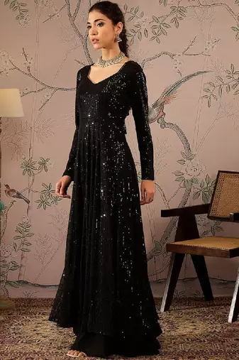 Striped round neck long sleeves regular sequinned anarkali kurta