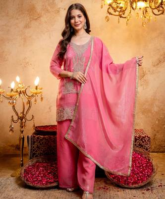Pink color smart and girlie crunchy fabric fancy festive attire for girls 1