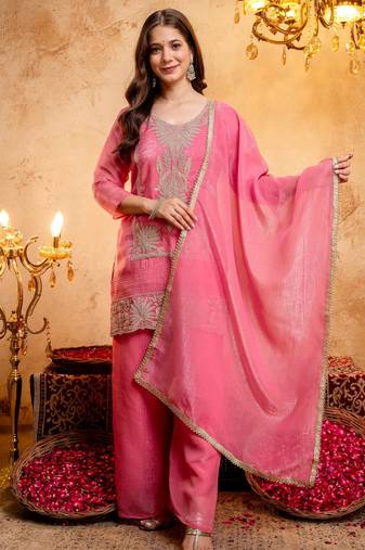 Pink color smart and girlie crunchy fabric fancy festive attire for girls