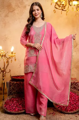 Pink color smart and girlie crunchy fabric fancy festive attire for girls