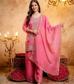 Pink color smart and girlie crunchy fabric fancy festive attire for girls