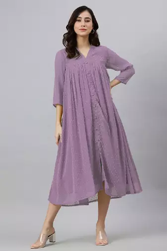 Women lavender dobby chiffon self design flared kurta