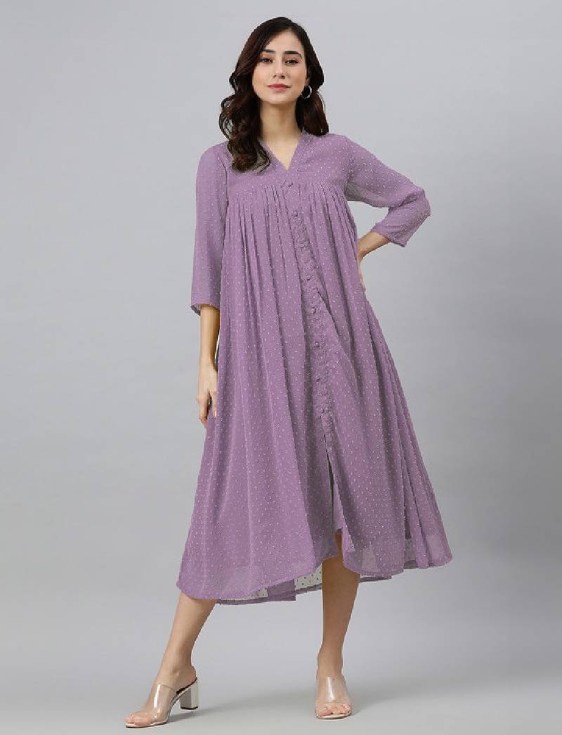 Women lavender dobby chiffon self design flared kurta