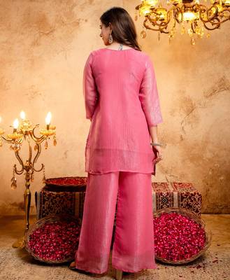 Pink color smart and girlie crunchy fabric fancy festive attire for girls 2