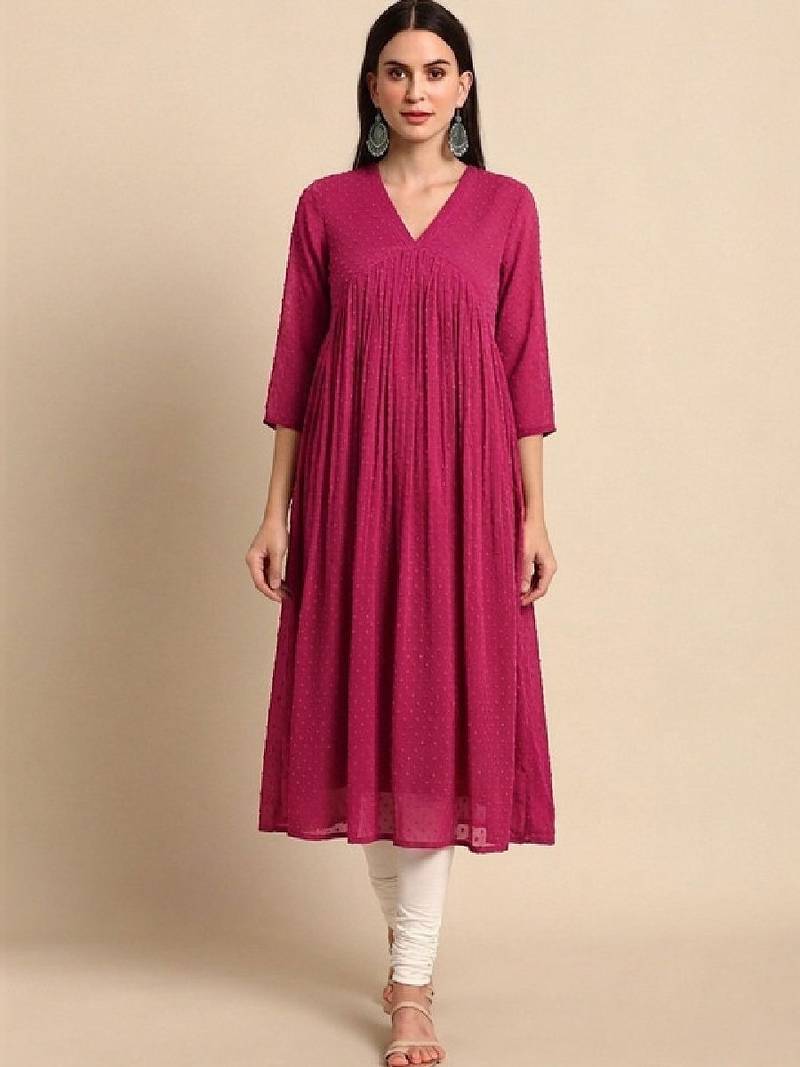 Dobby self design empire styled a-line chiffon kurta