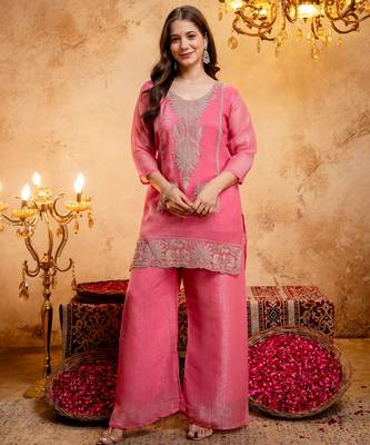 Pink color smart and girlie crunchy fabric fancy festive attire for girls 4