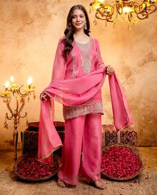 Pink color smart and girlie crunchy fabric fancy festive attire for girls 5
