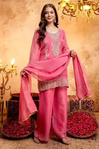 Pink color smart and girlie crunchy fabric fancy festive attire for girls