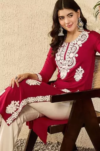 Floral embroidered round neck chikankari straight kurta