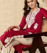 Floral embroidered round neck chikankari straight kurta