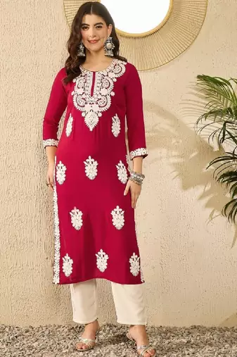 Floral embroidered round neck chikankari straight kurta