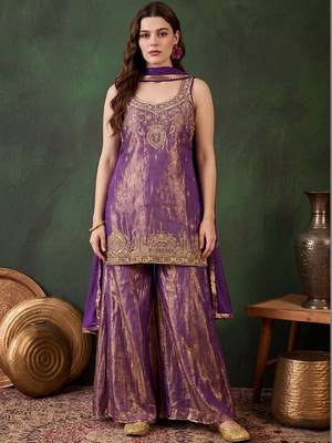 Purple color smart and girlie satin fabric fancy festive attire for girls 1
