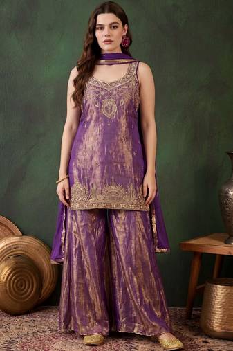 Purple color smart and girlie satin fabric fancy festive attire for girls
