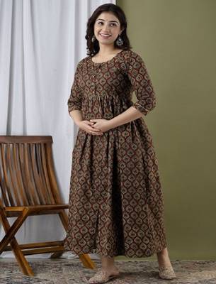 Ethnic motifs printed empire maternity pure cotton anarkali kurtas 3