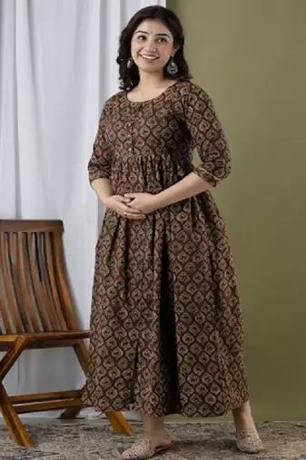 Ethnic motifs printed empire maternity pure cotton anarkali kurtas