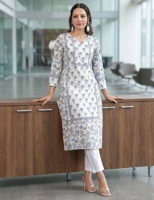 Floral printed notch neck pure cotton straight kurta 1