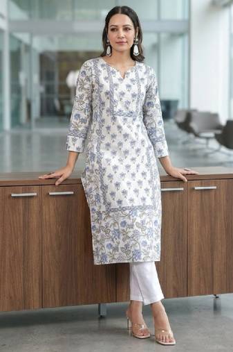 Floral printed notch neck pure cotton straight kurta