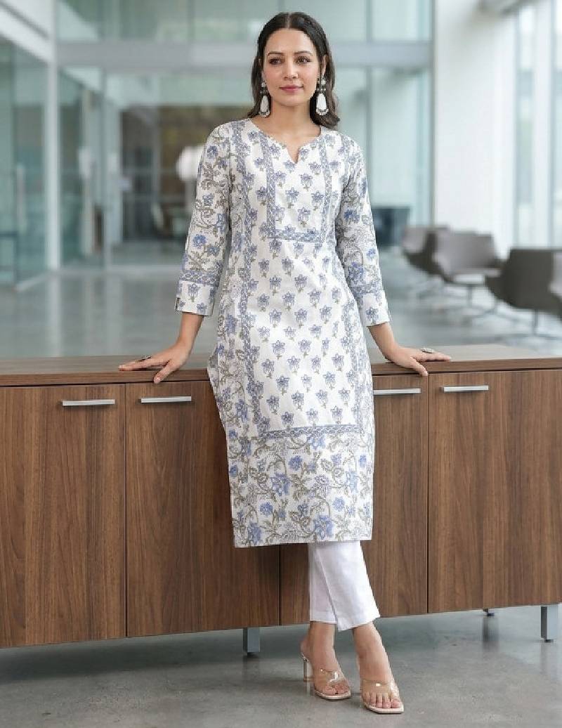 Floral printed notch neck pure cotton straight kurta